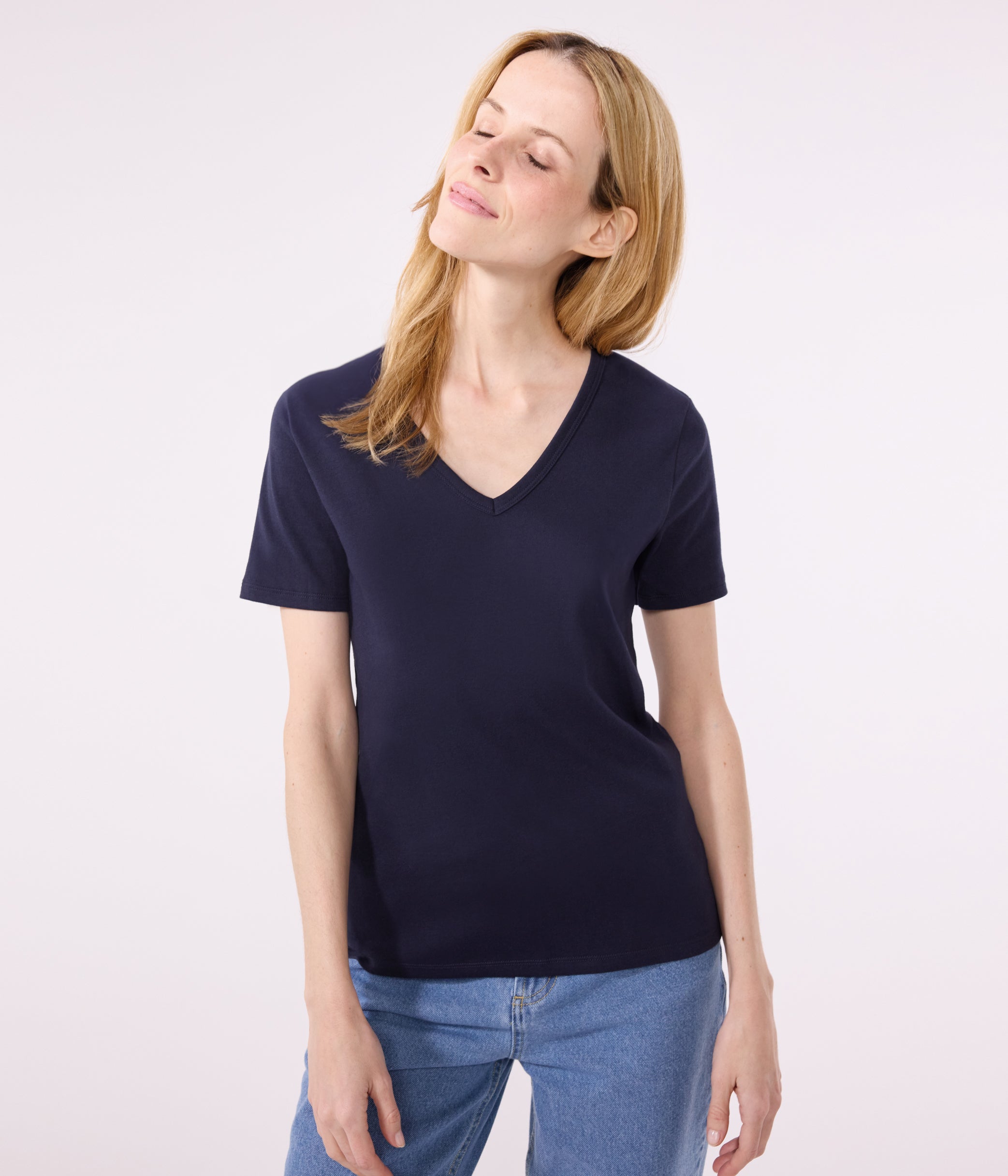 tee-shirt-col-v-l-iconique-manches-courtes-en-côte-unie-femme