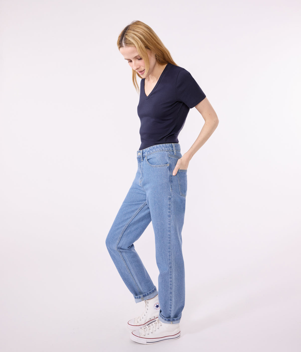tee-shirt-col-v-l-iconique-manches-courtes-en-côte-unie-femme