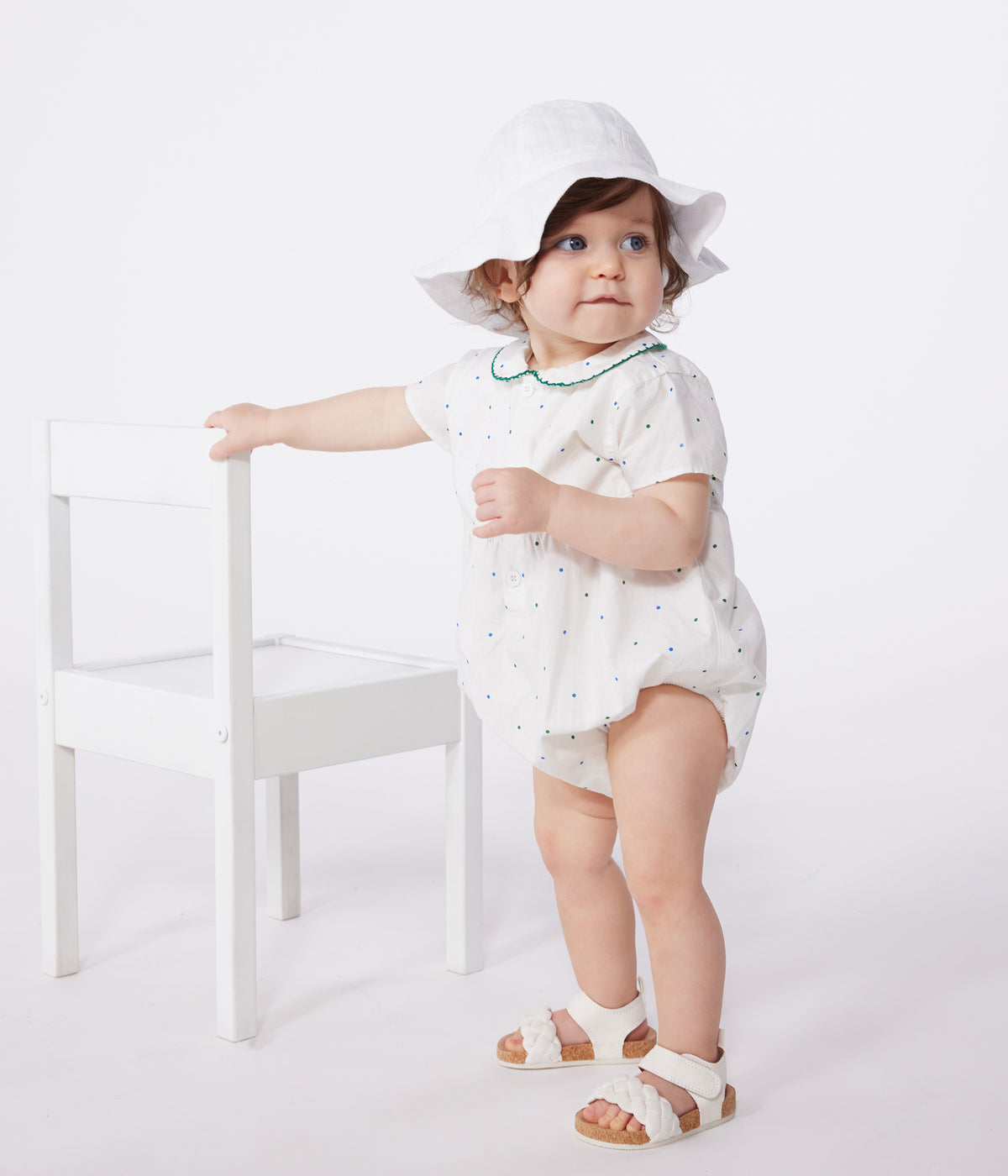 barboteuse-bébé-en-coton-manches-courtes-à-col,-imprimé-à-pois