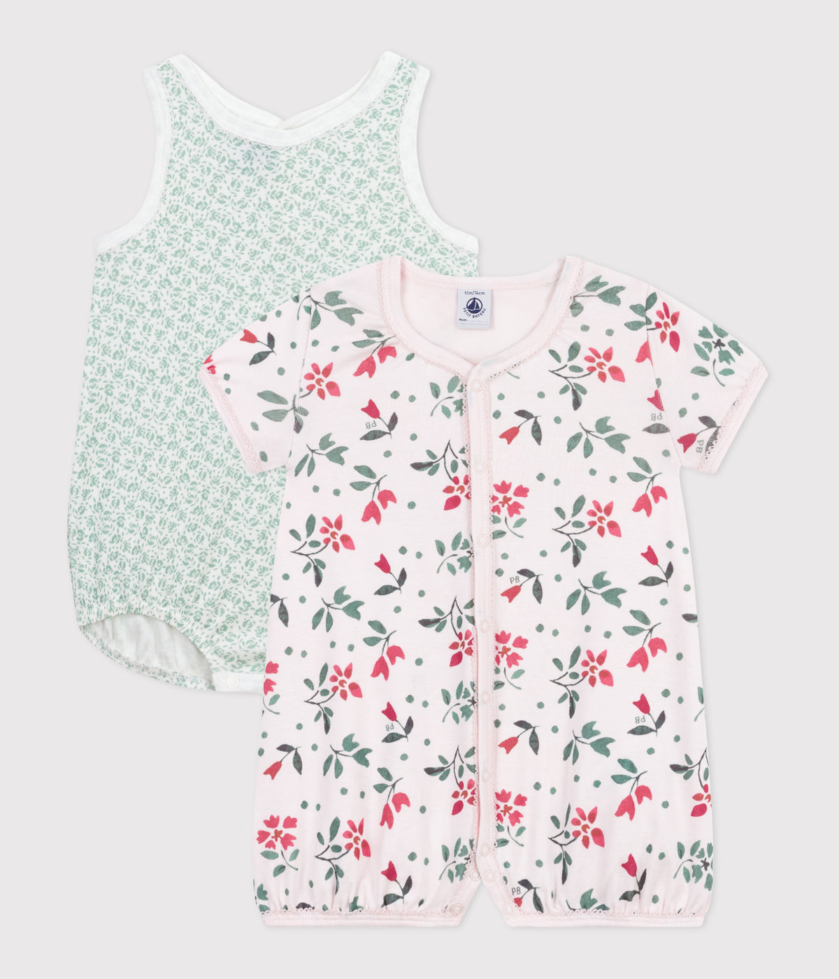 lot-de-2-combinaisons-courtes-bébé-en-coton-fleuri