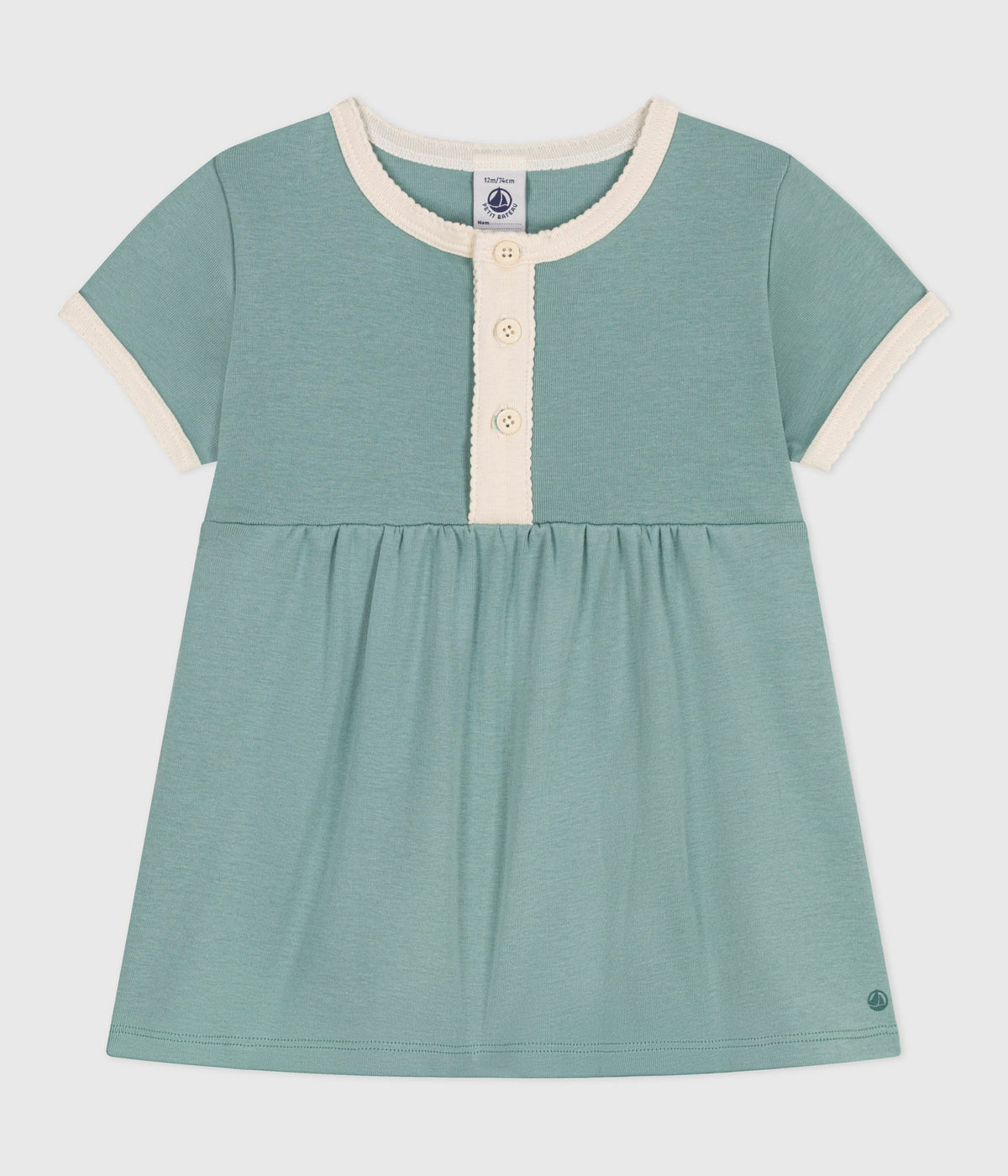 robe-bébé-en-coton-manches-courtes,-unie-à-détails-contrastés