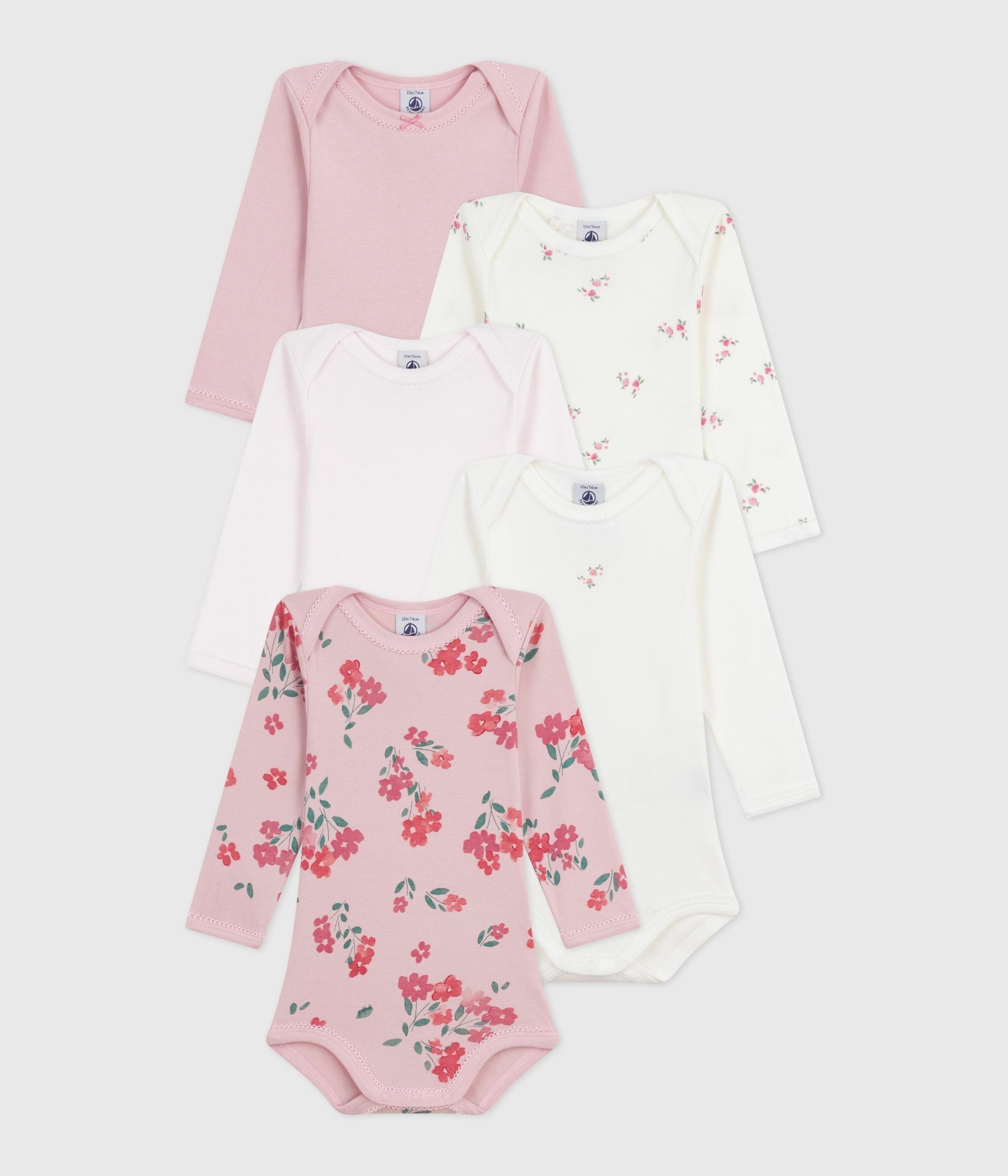 lot-de-5-bodies-manches-longues-en-coton-imprimé-fleuri-bébé
