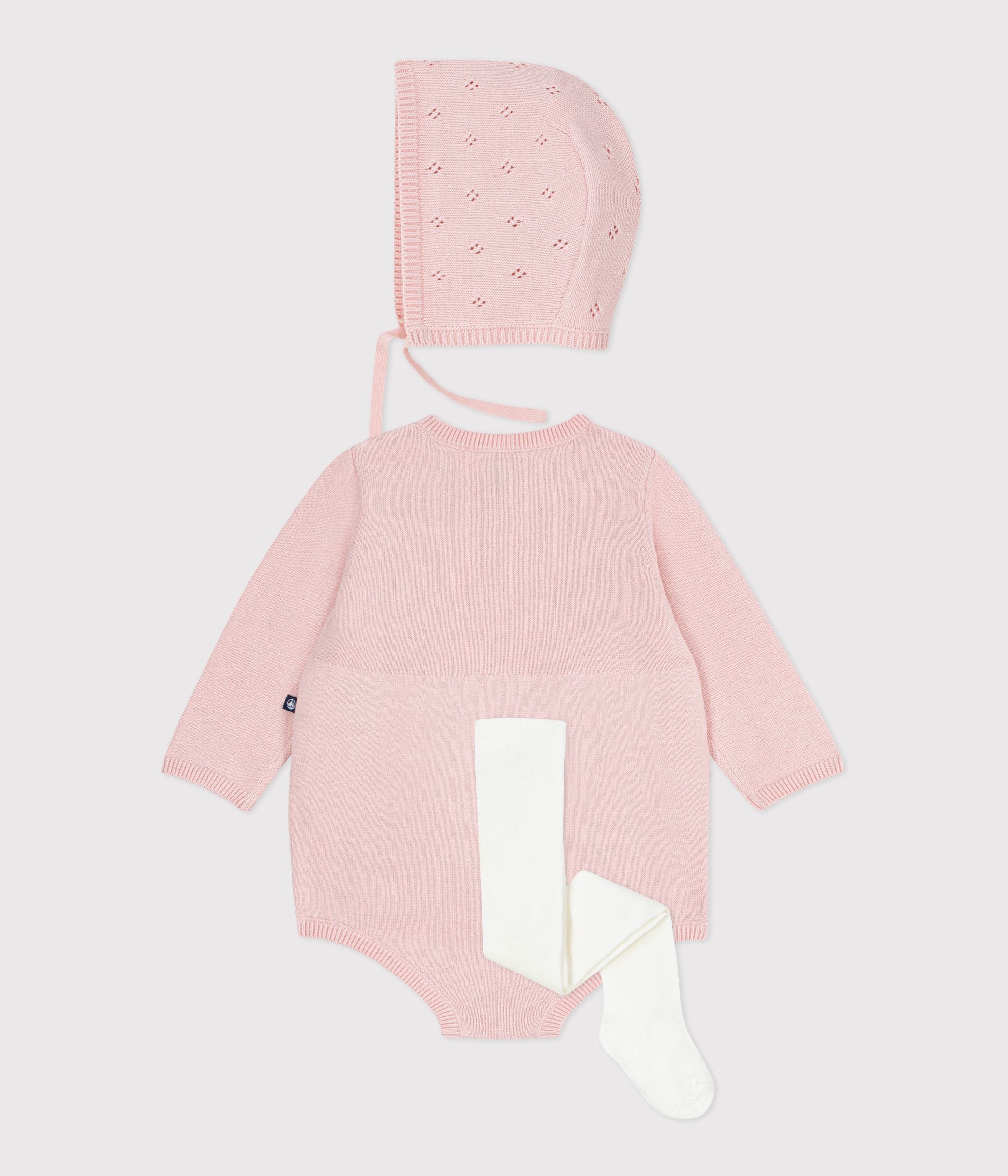 ensemble-cadeau-bébé-beguin,-barboteuse-et-collant-en-tricot