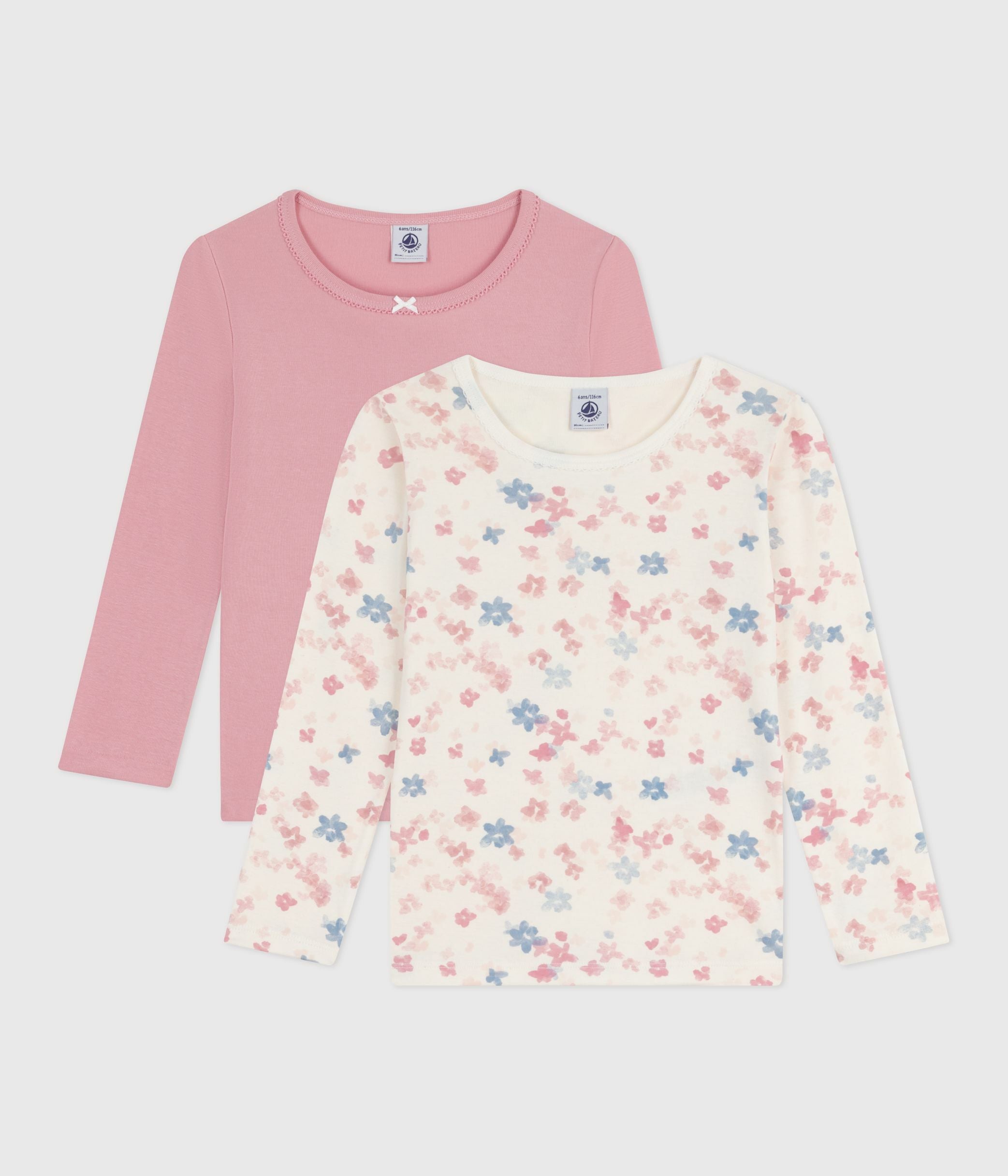 lot-de-2-tee-shirts-enfant-en-coton-manches-longues-imprimé-fleurs