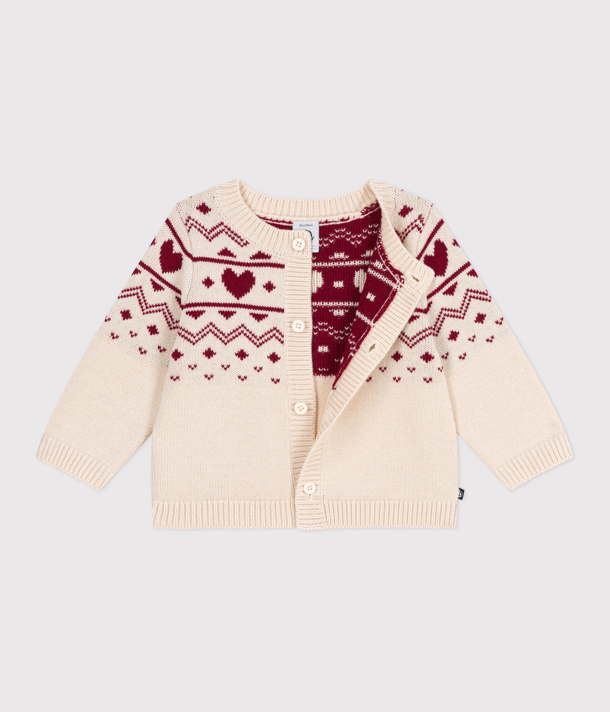 cardigan-bébé-en-tricot-laine-et-coton,-motifs-cœurs