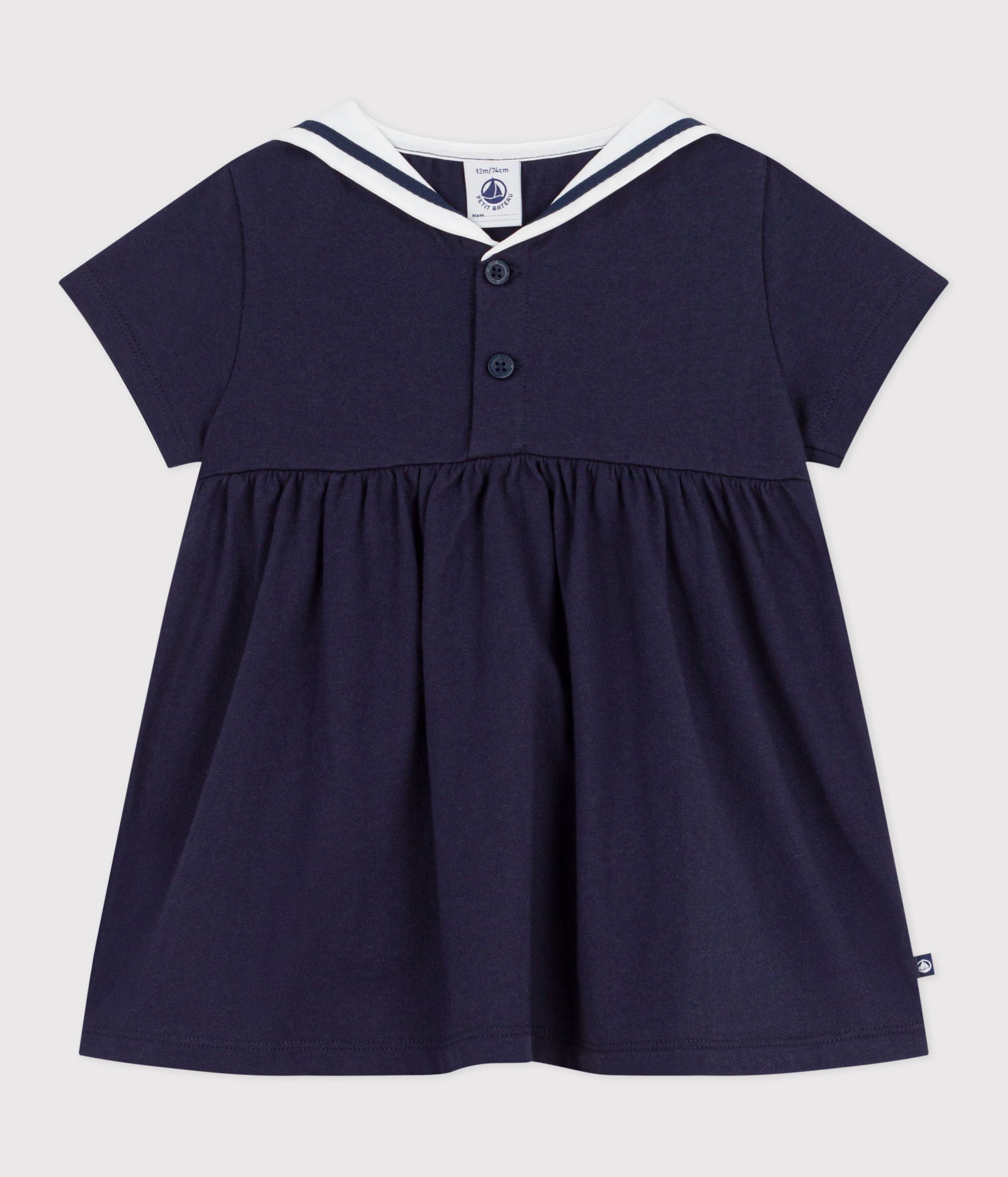 robe-bébé-en-coton-manches-courtes,-unie-avec-son-col-marin