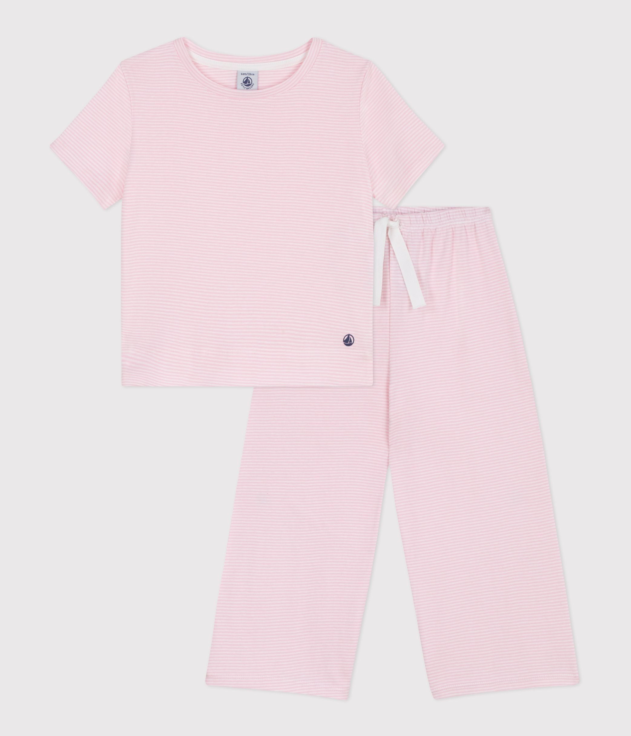 pyjama-enfant-en-coton-manches-courtes-jambes-larges-à-rayures