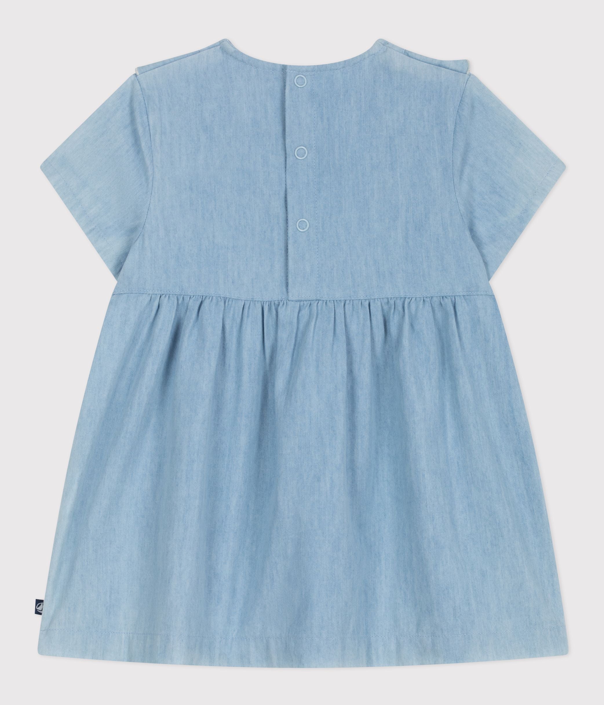 robe-bébé-en-coton-manches-courtes-en-chambray,-brodée-de-coeurs