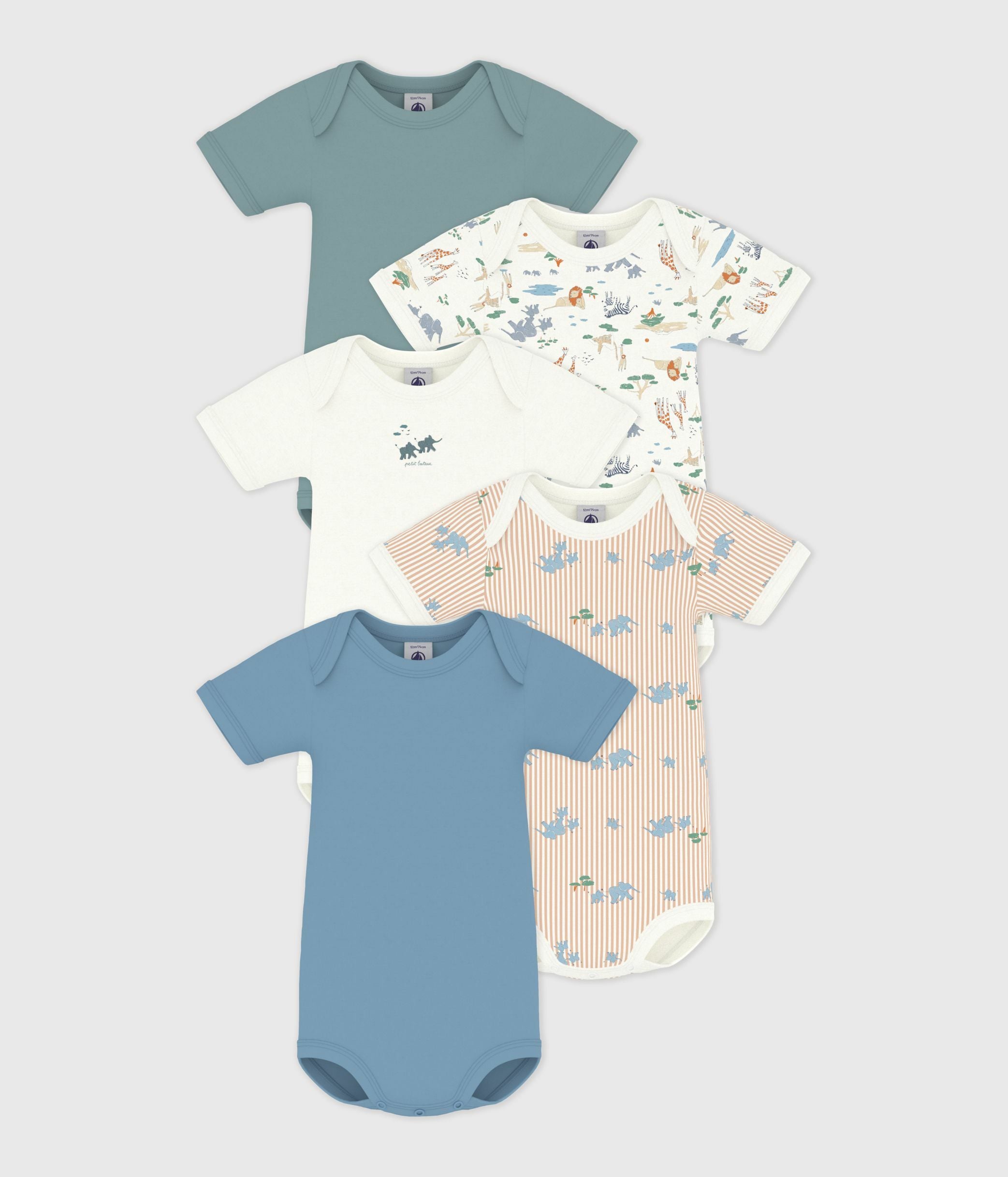 lot-de-5-bodies-manches-courtes-en-coton-imprimé-bébé