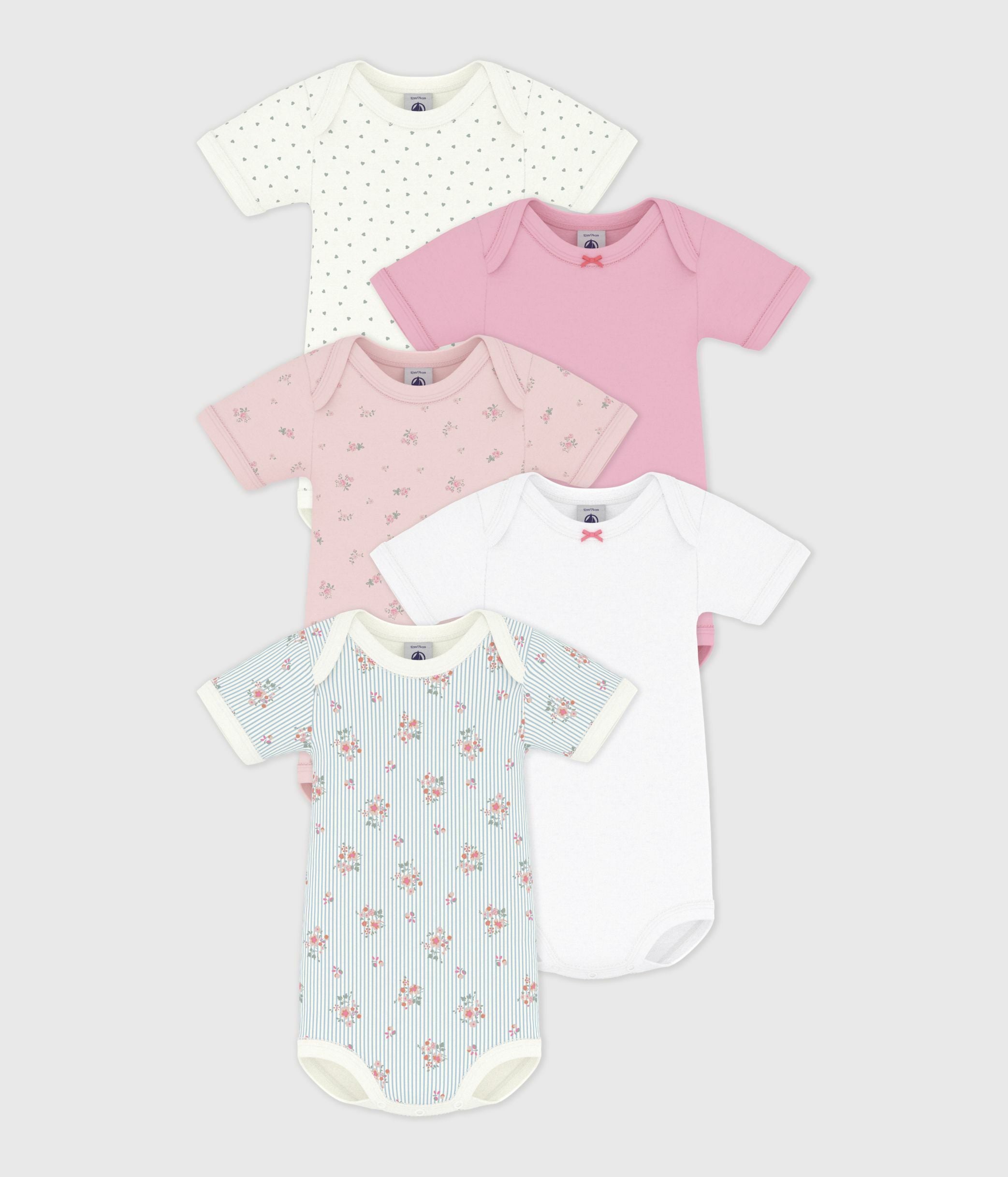 lot-de-5-bodies-manches-courtes-en-coton-imprimé-fleuri-bébé