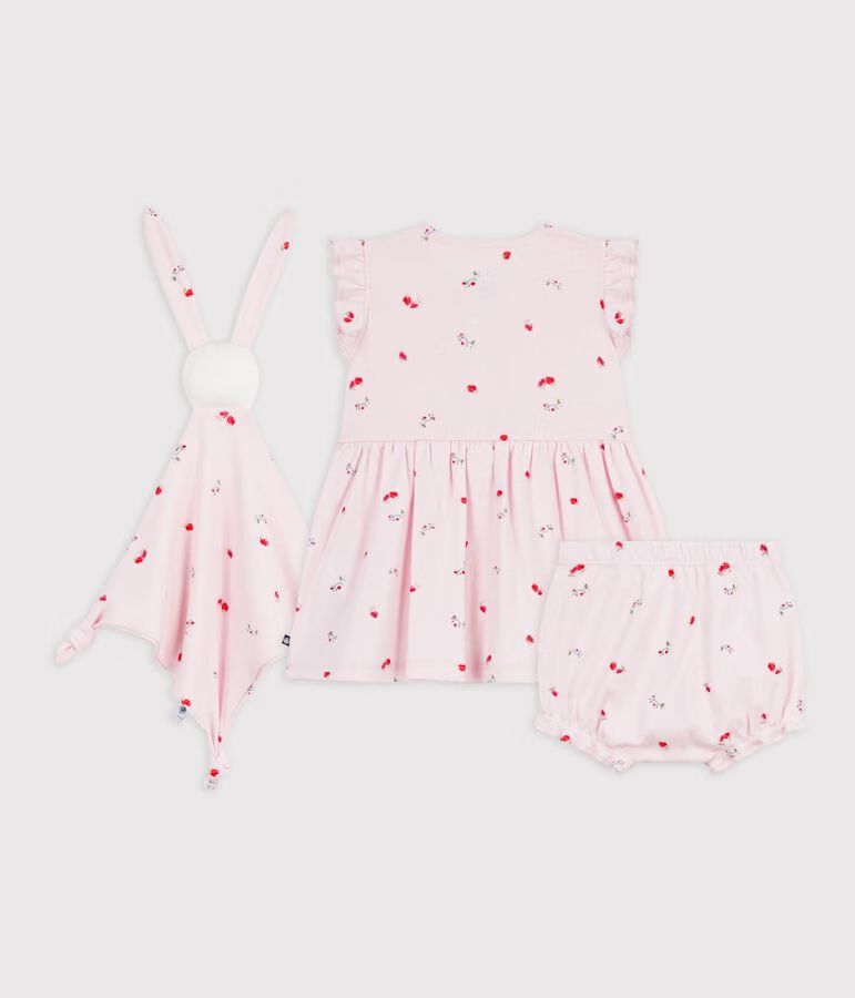 coffret-cadeau-bébé-robe-et-doudou-en-coton-imprimés-fleurs