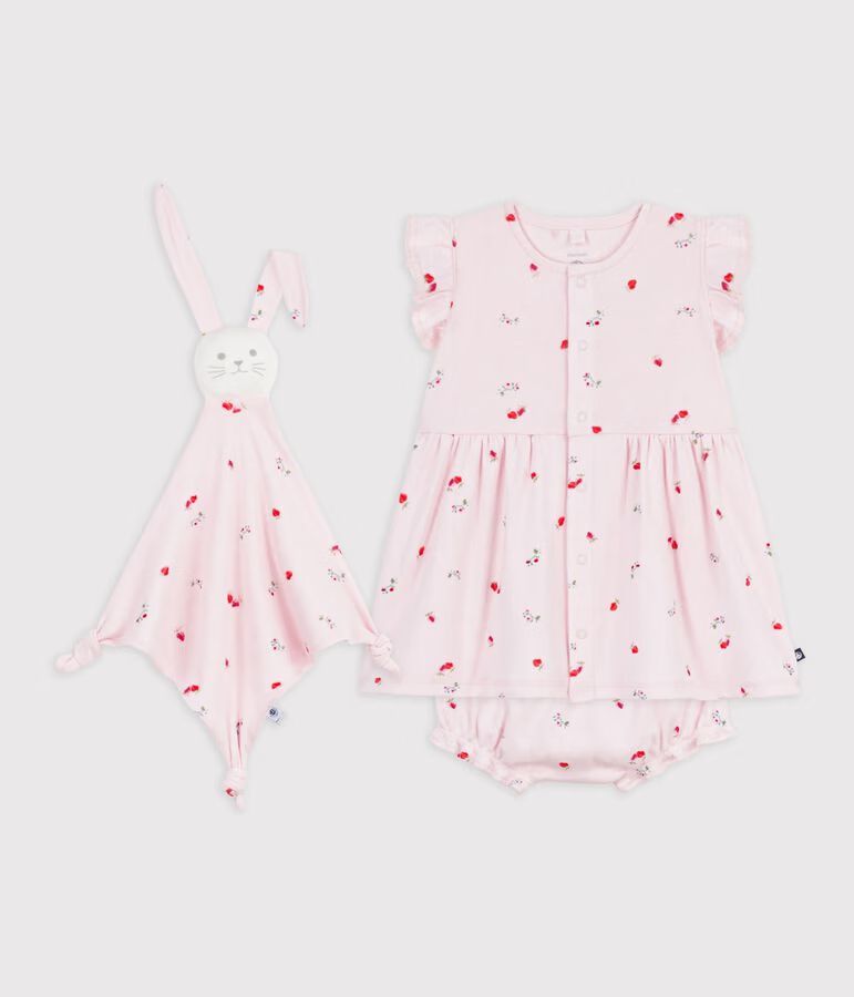 coffret-cadeau-bébé-robe-et-doudou-en-coton-imprimés-fleurs