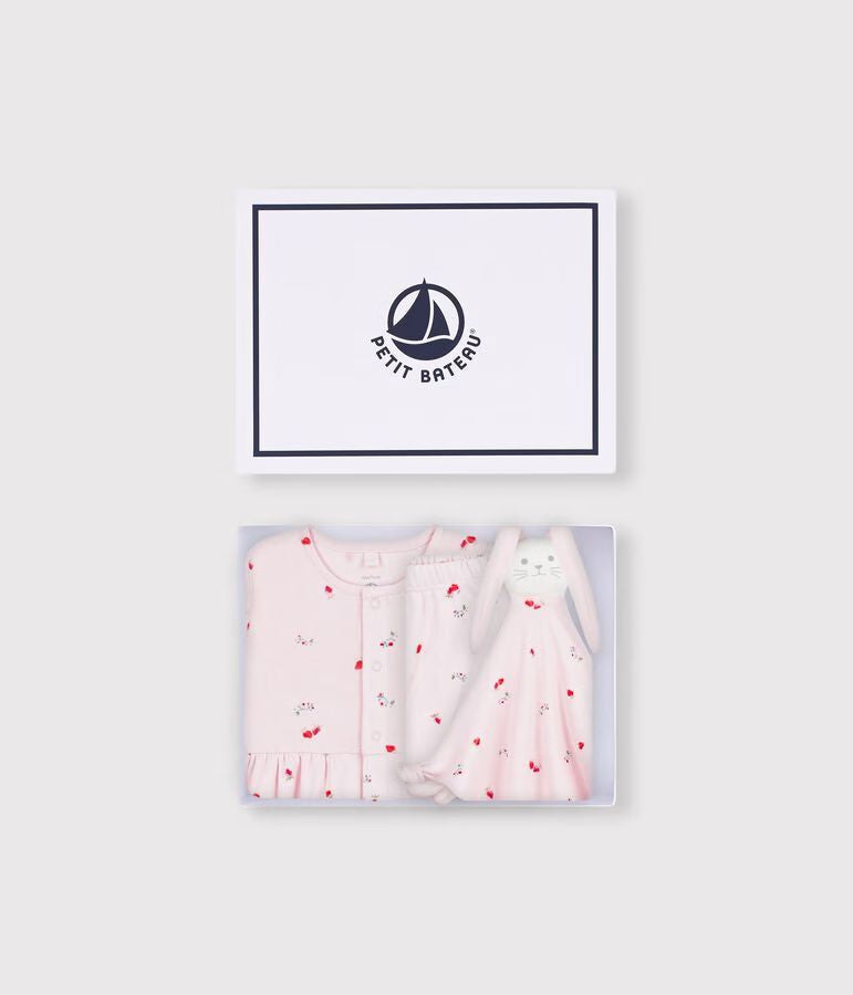 coffret-cadeau-bébé-robe-et-doudou-en-coton-imprimés-fleurs