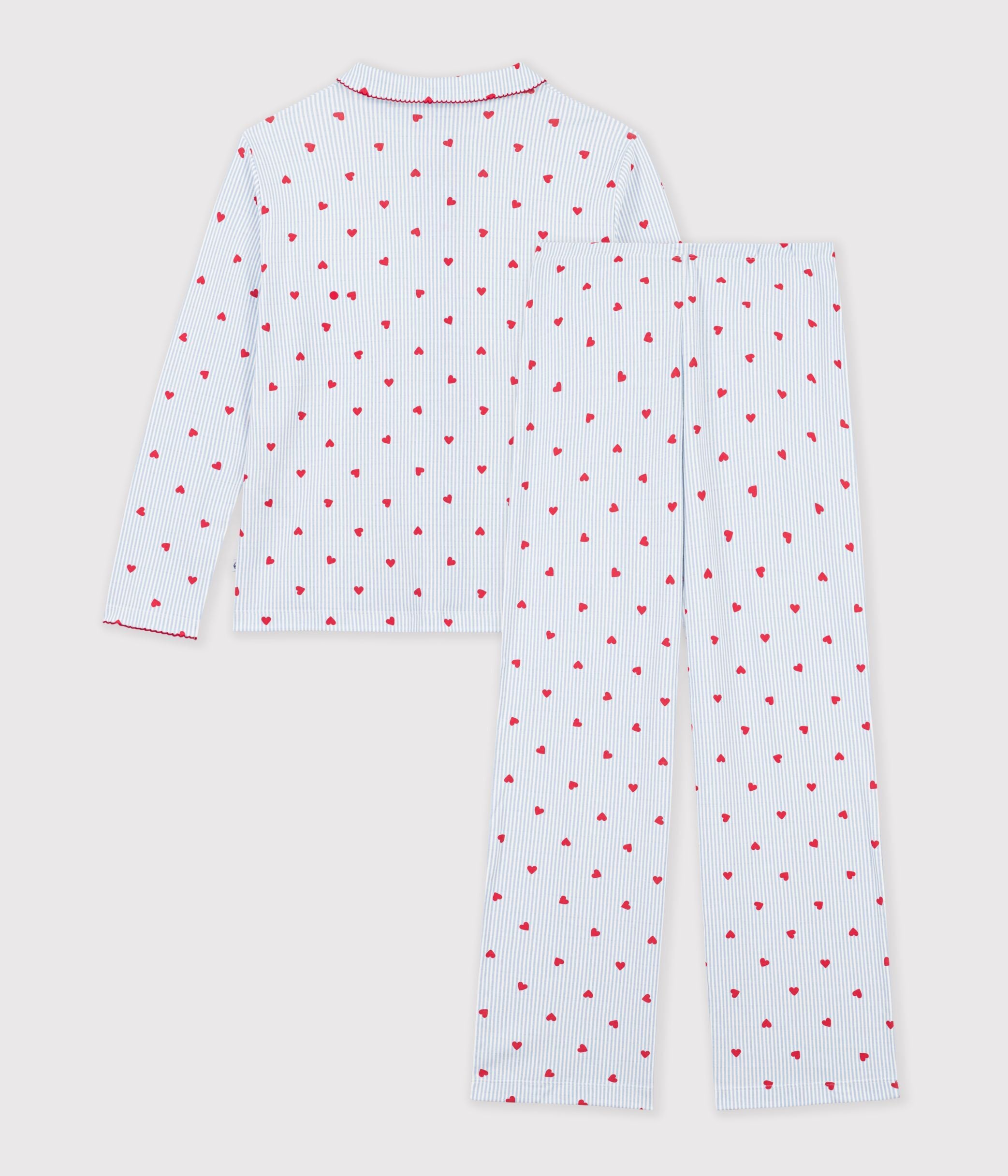 pyjama-boutonné-femme-en-coton-imprimé-à-rayures-et-coeurs