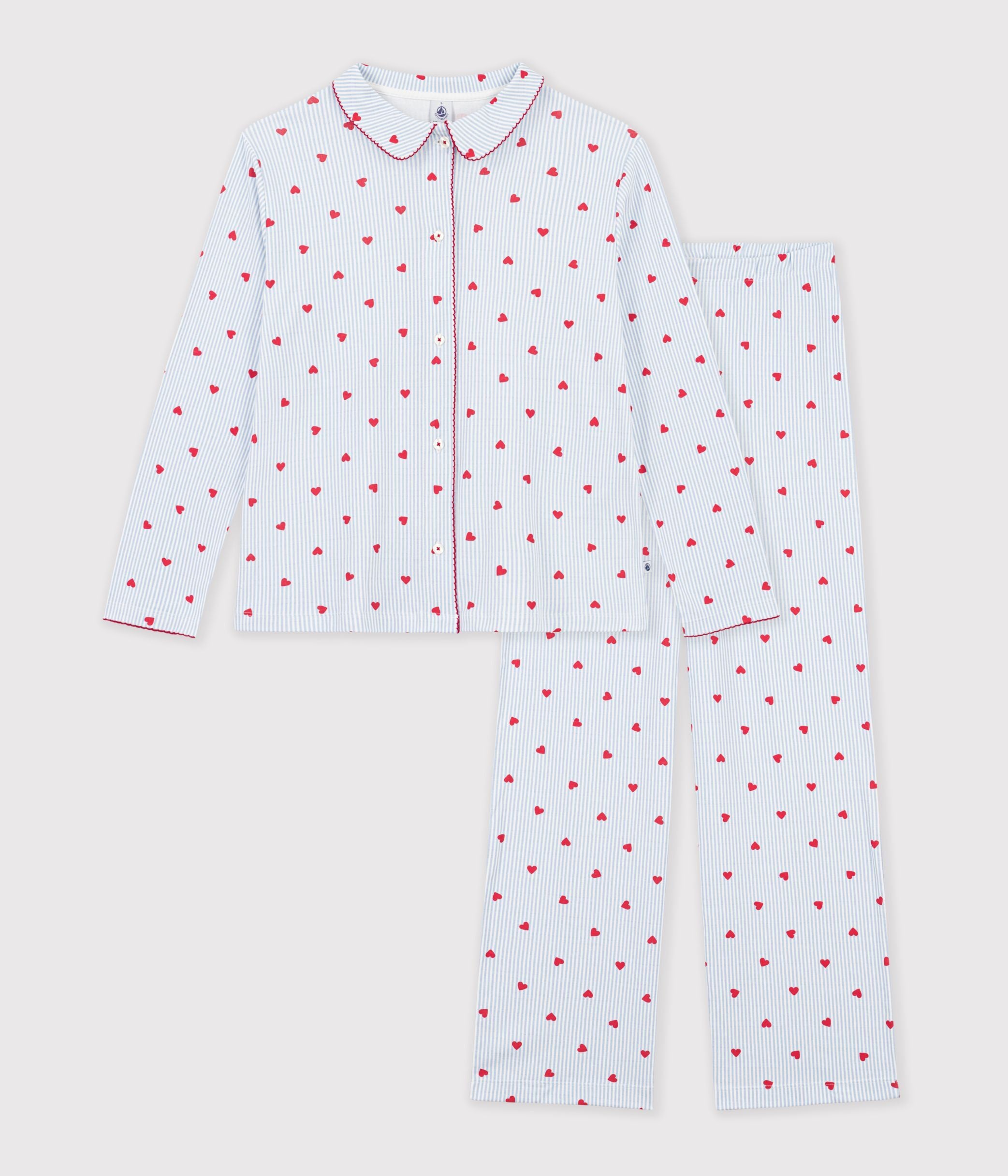 pyjama-boutonné-femme-en-coton-imprimé-à-rayures-et-coeurs