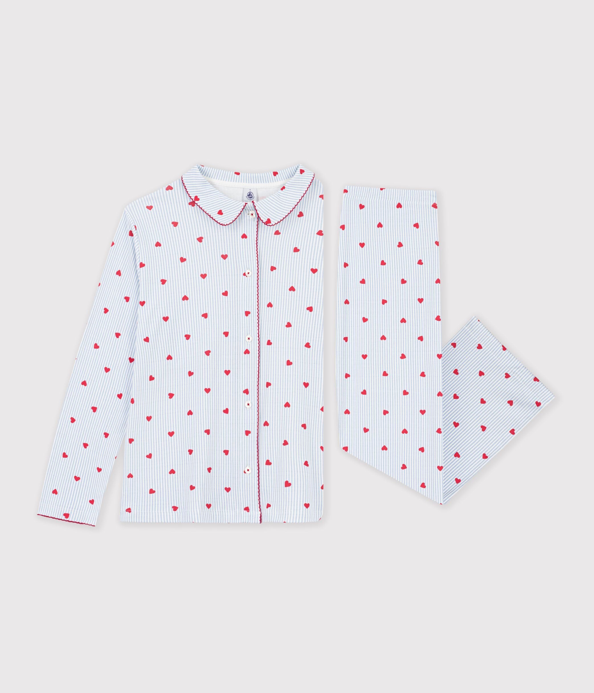pyjama-boutonné-femme-en-coton-imprimé-à-rayures-et-coeurs