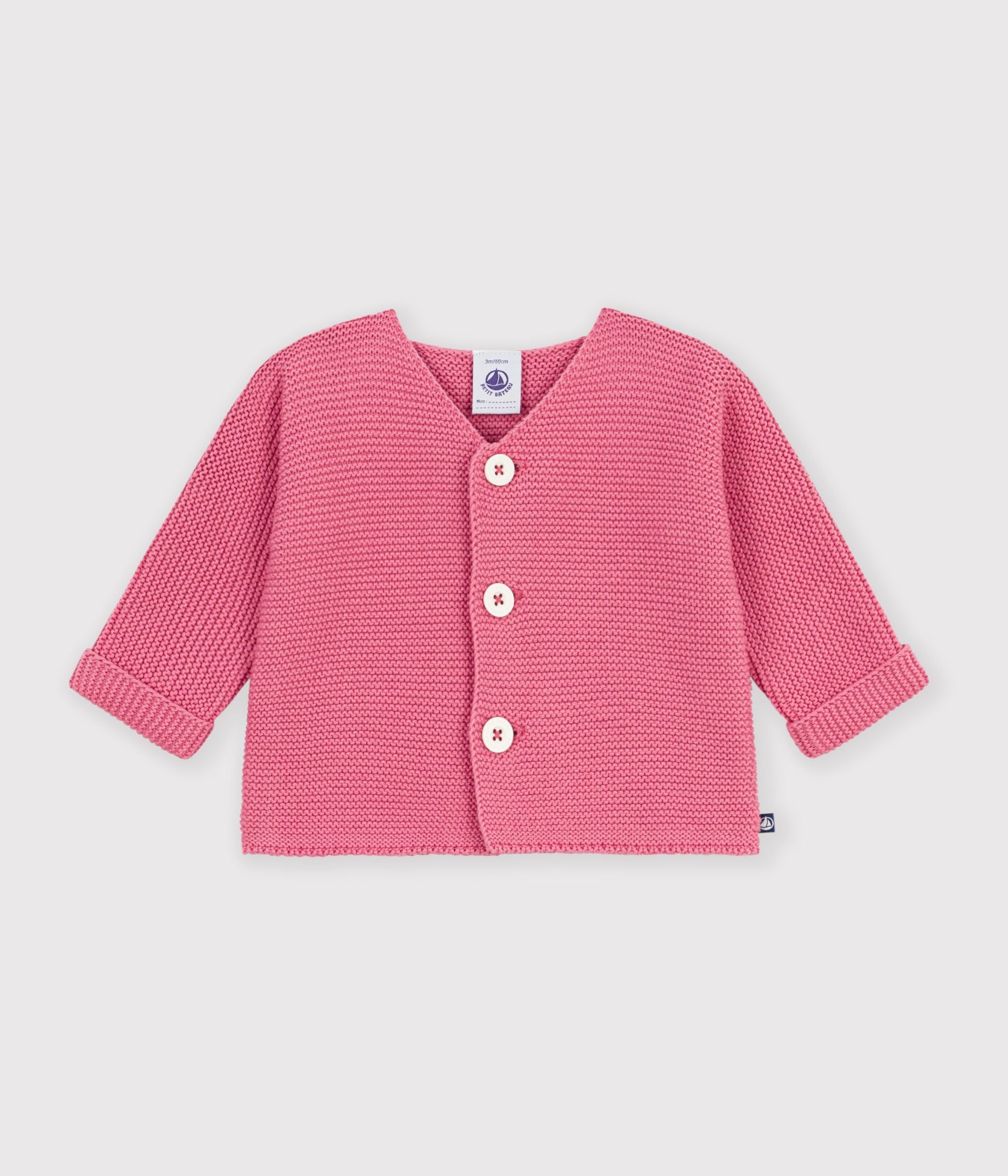 cardigan-bébé-tricot-point-mousse-en-coton-uni