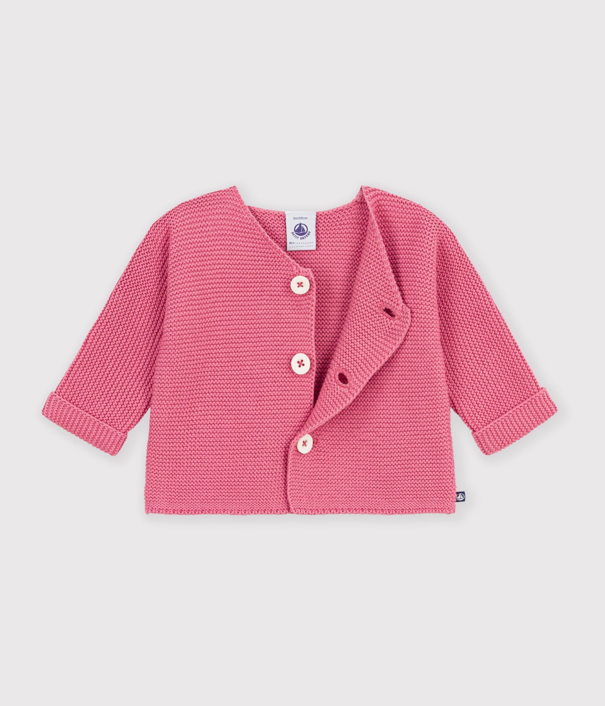 cardigan-bébé-tricot-point-mousse-en-coton-uni