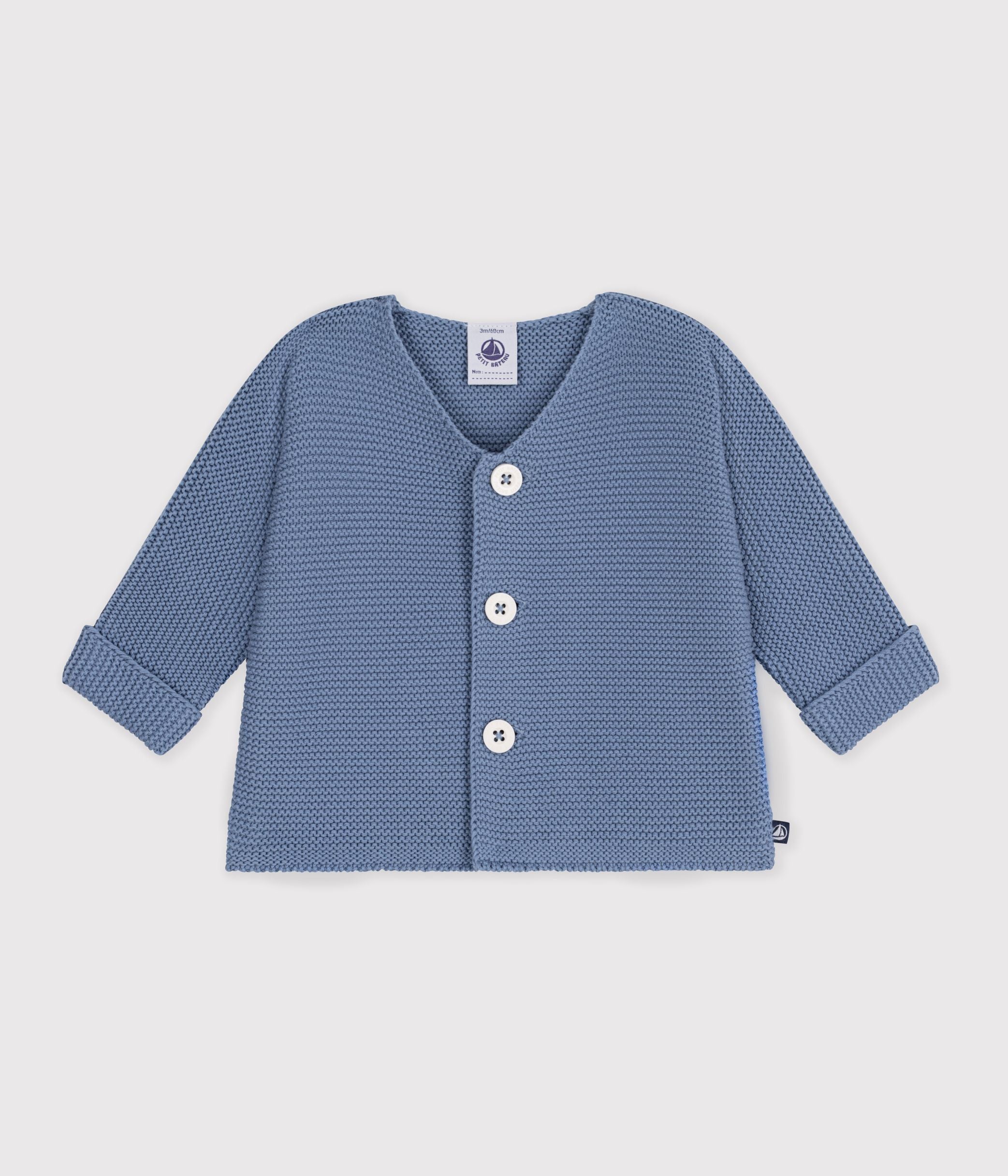 cardigan-bébé-tricot-point-mousse-en-coton-uni