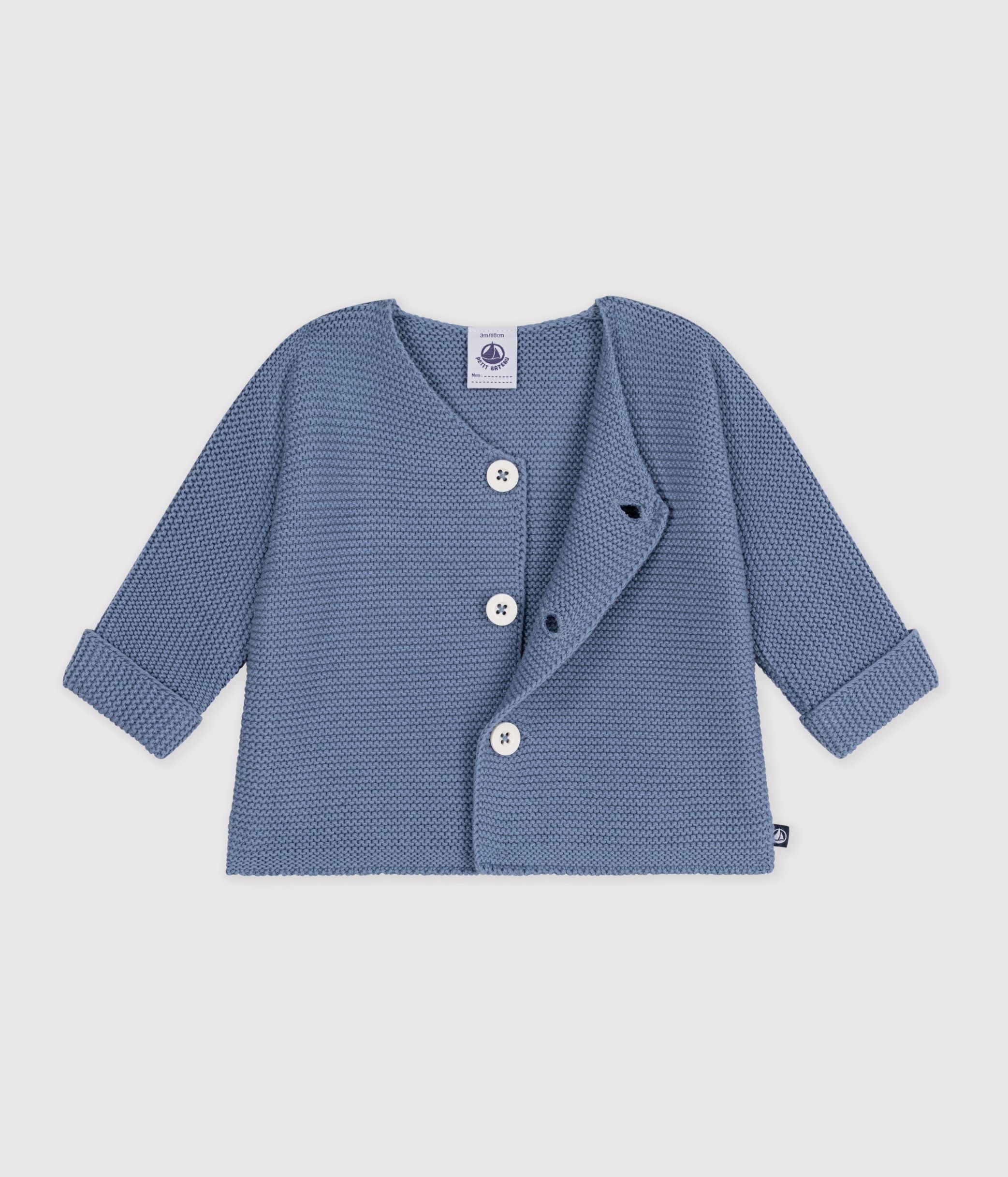 cardigan-bébé-tricot-point-mousse-en-coton-uni