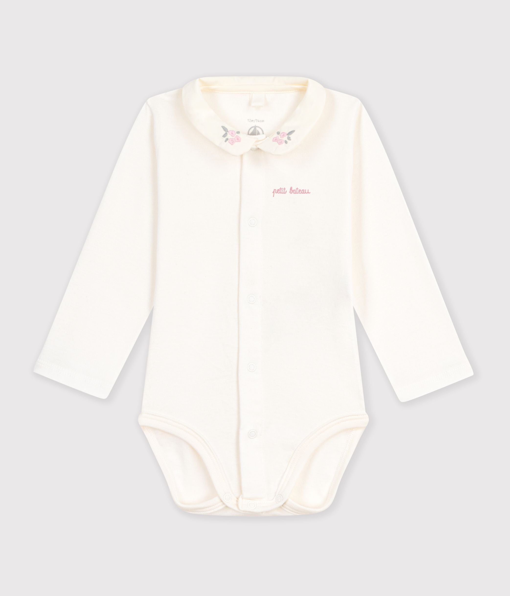 body-bébé-en-coton-manches-longues-à-col-brodé-uni