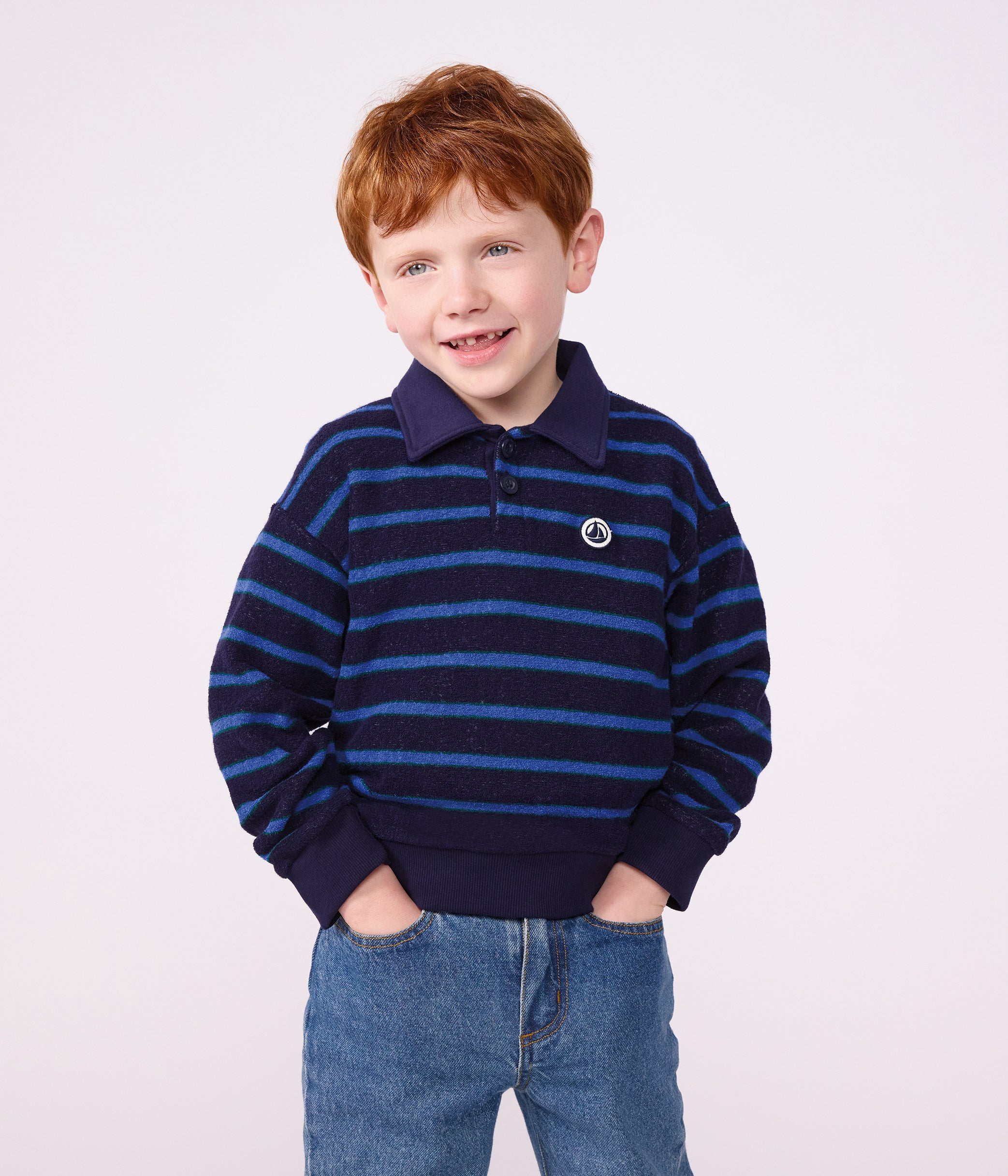 sweatshirt-col-polo-enfant-en-coton-à-rayures