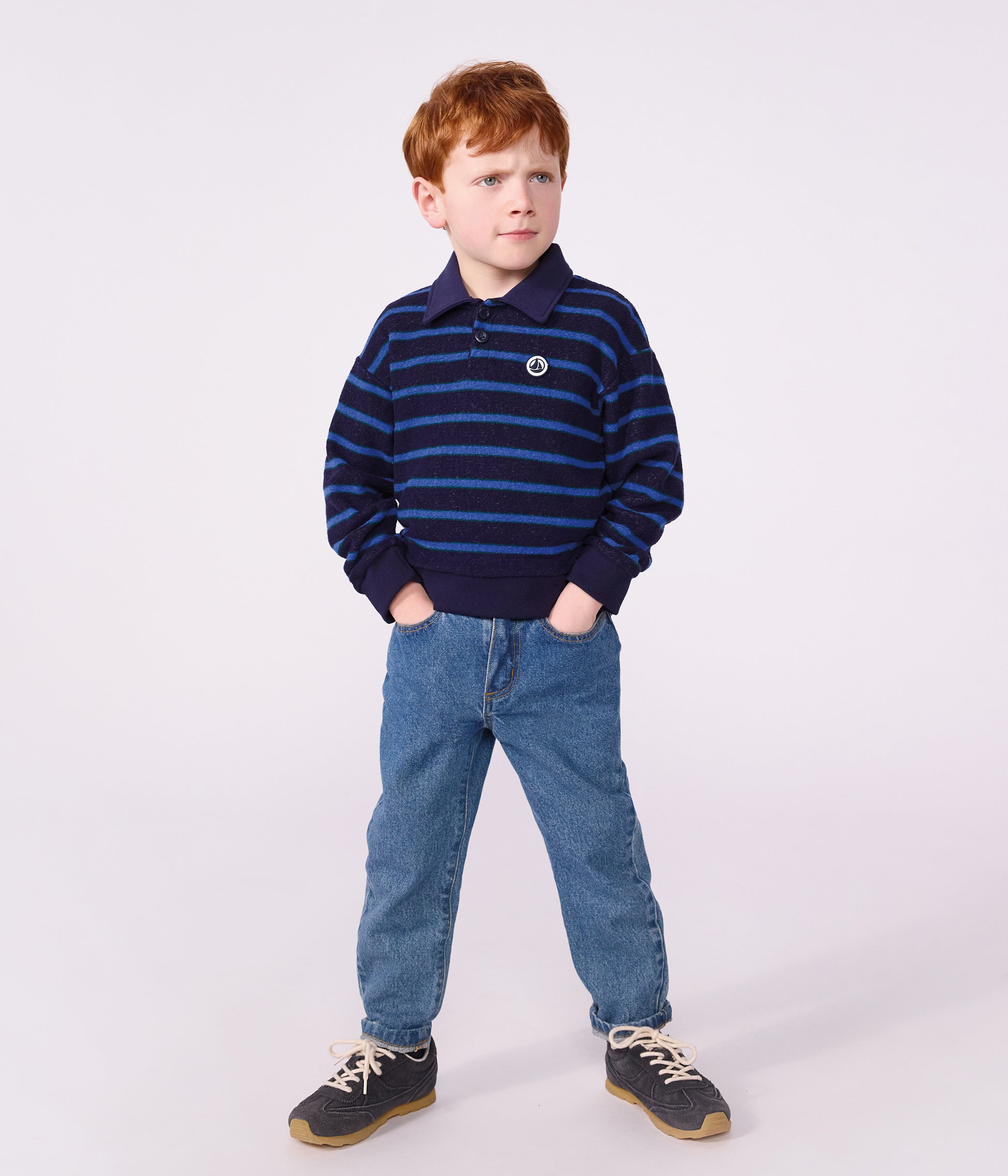 sweatshirt-col-polo-enfant-en-coton-à-rayures