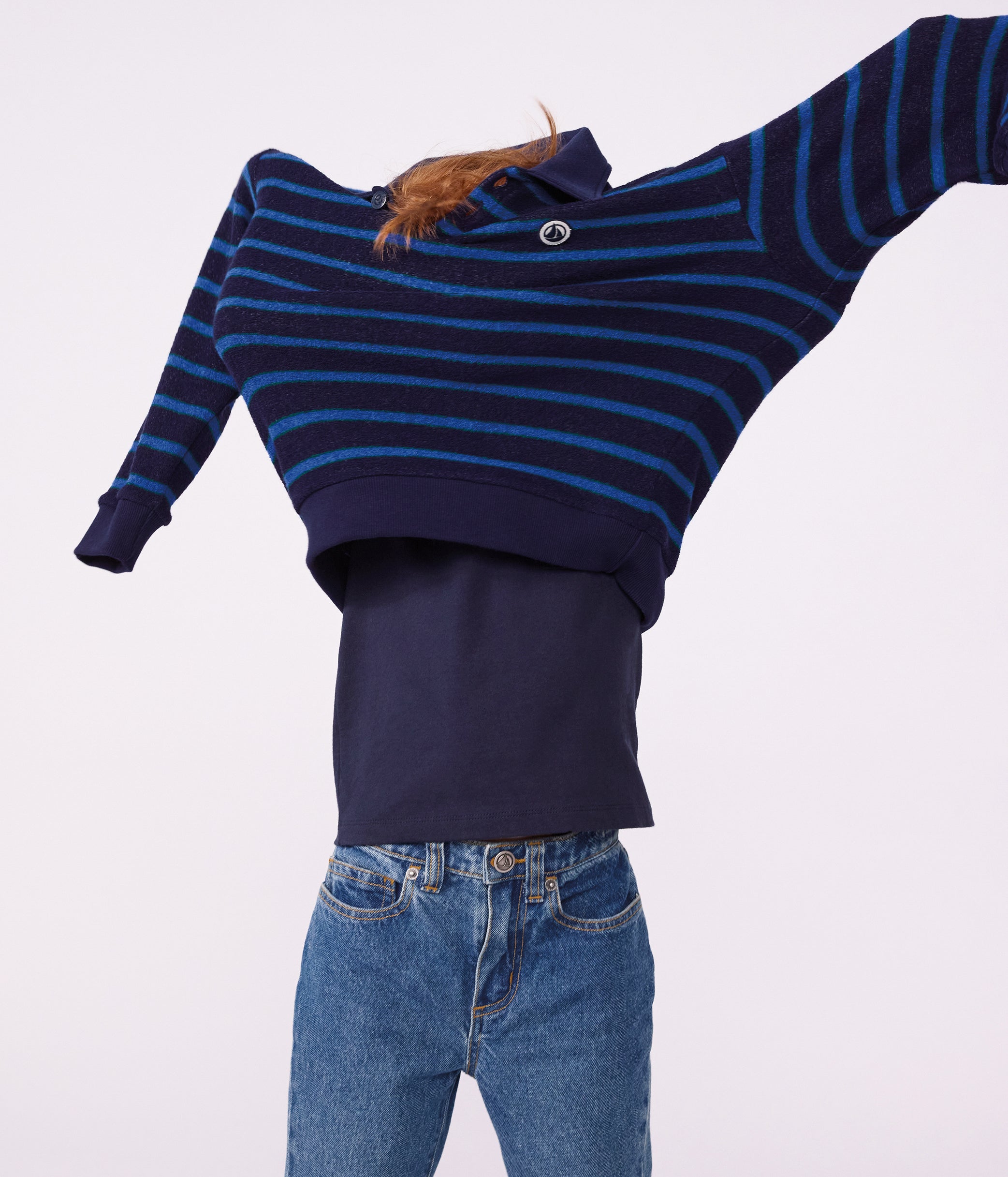 sweatshirt-col-polo-enfant-en-coton-à-rayures
